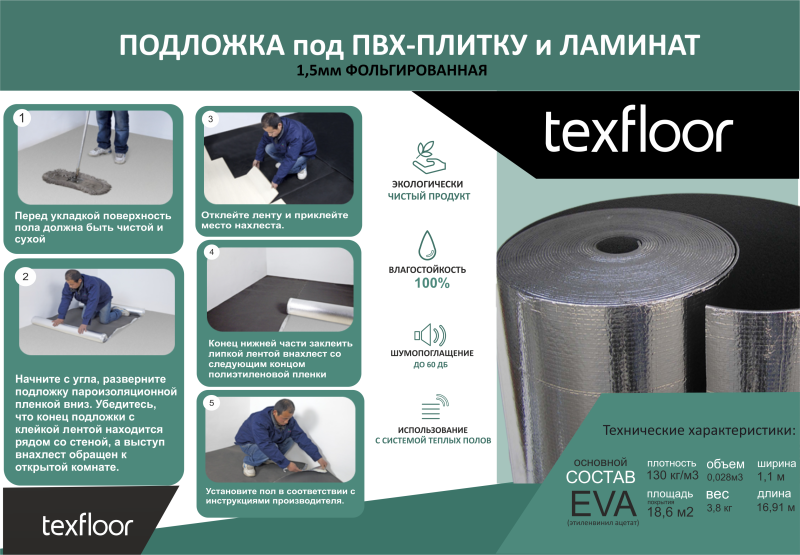 НОВИНКА! ФОЛЬГИРОВАННАЯ ПОДЛОЖКА TEXFLOOR – ЛУЧШИЙ ВЫБОР ПОДЛОЖКИ ПОД ПВХ-ПЛИТКУ